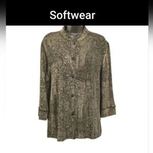 SOFTWEAR By Mark Singer Women's Gold Metallic Button Front  3/4 Sleeve Top Lge